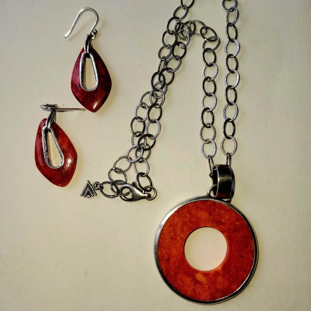 Silpada Designs sponge coral deep orange and sterling necklace and earrings set